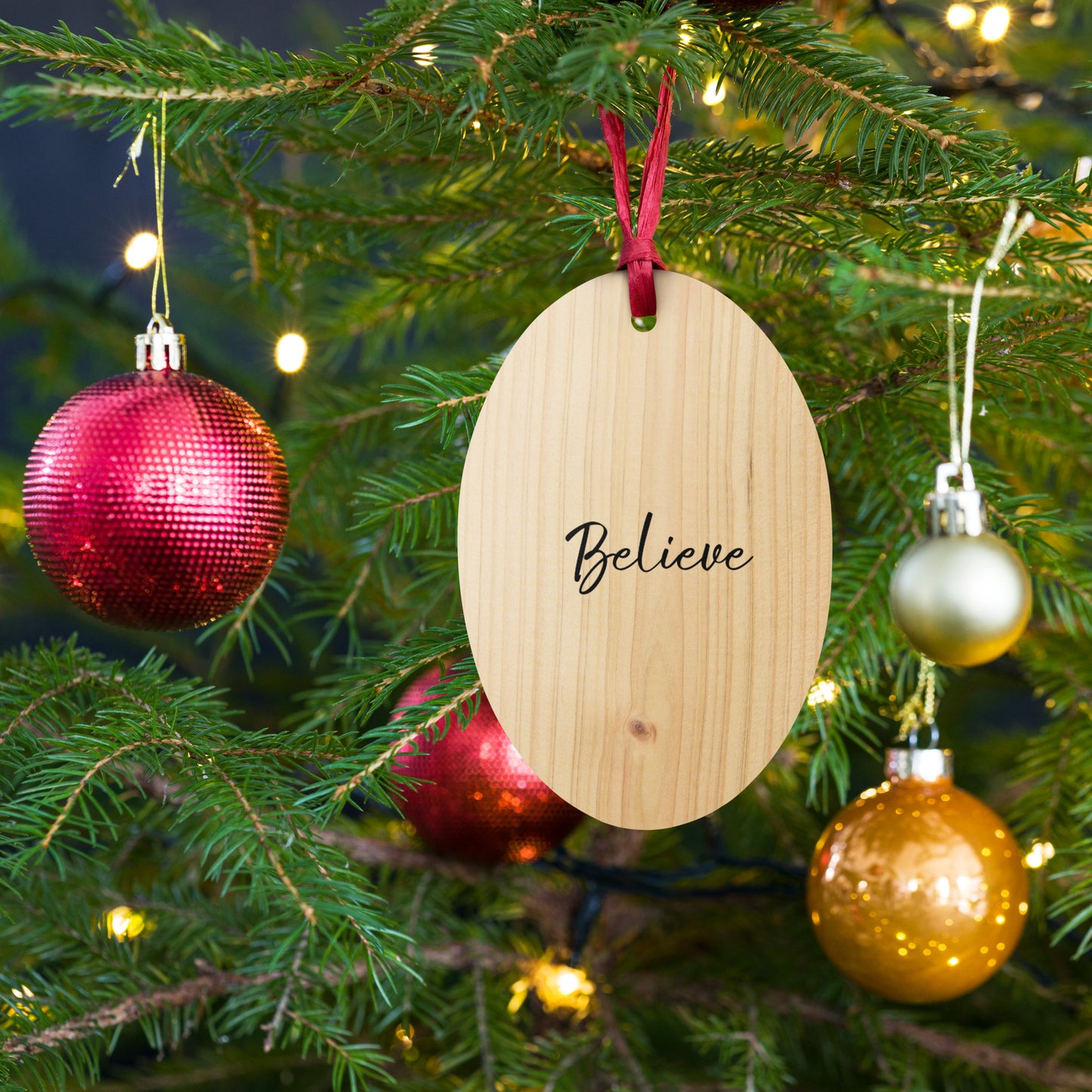 Wooden BELIEVE Christmas ornament