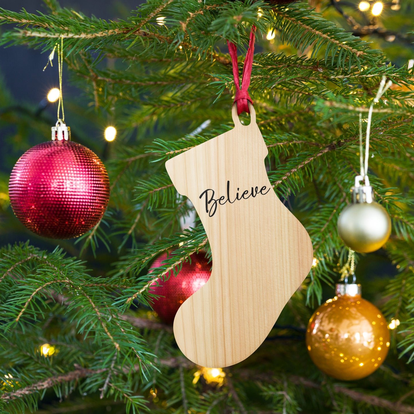 Wooden BELIEVE Christmas ornament