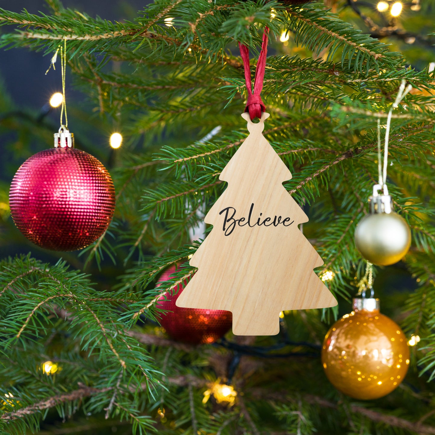 Wooden BELIEVE Christmas ornament